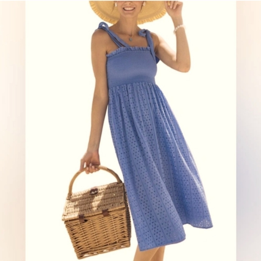 CABANA LIFE Eyelet Blue Schiffli -Eyelet/Smocking-Tie Straps Midi Dress